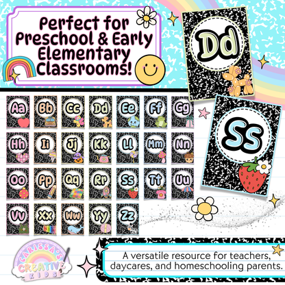 Alphabet posters shown in use, perfect for preschool and early elementary classrooms. Features illustrated letter cards in retro designs, ideal for teachers, homeschoolers, and daycare providers creating fun phonics or bulletin board displays.