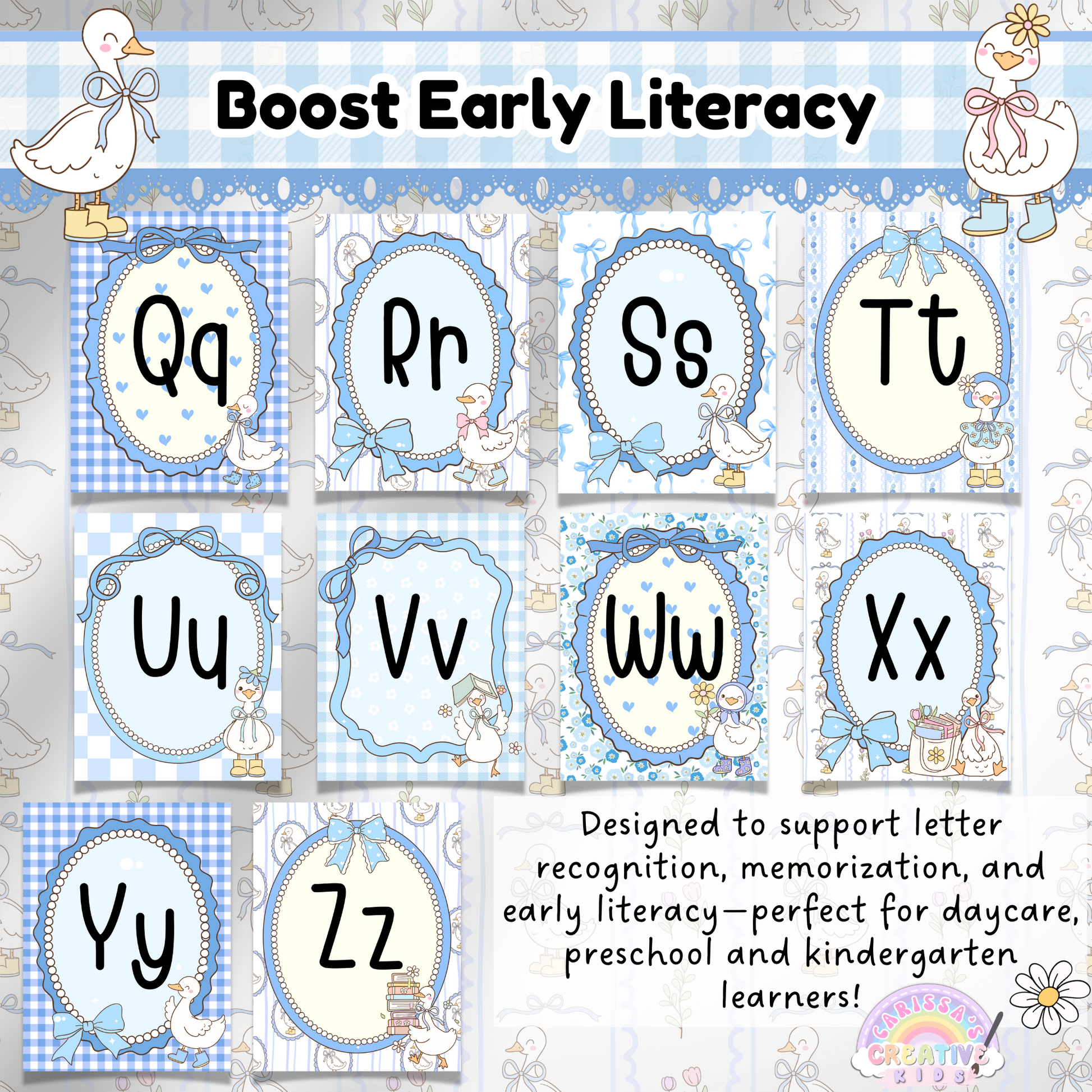 Alphabet posters Q to Z in a blue ribbon silly goose theme with vintage-inspired frames; designed to boost early literacy for daycare, preschool, and retro-themed classroom decor.