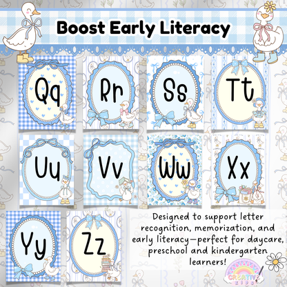 Alphabet posters Q to Z in a blue ribbon silly goose theme with vintage-inspired frames; designed to boost early literacy for daycare, preschool, and retro-themed classroom decor.