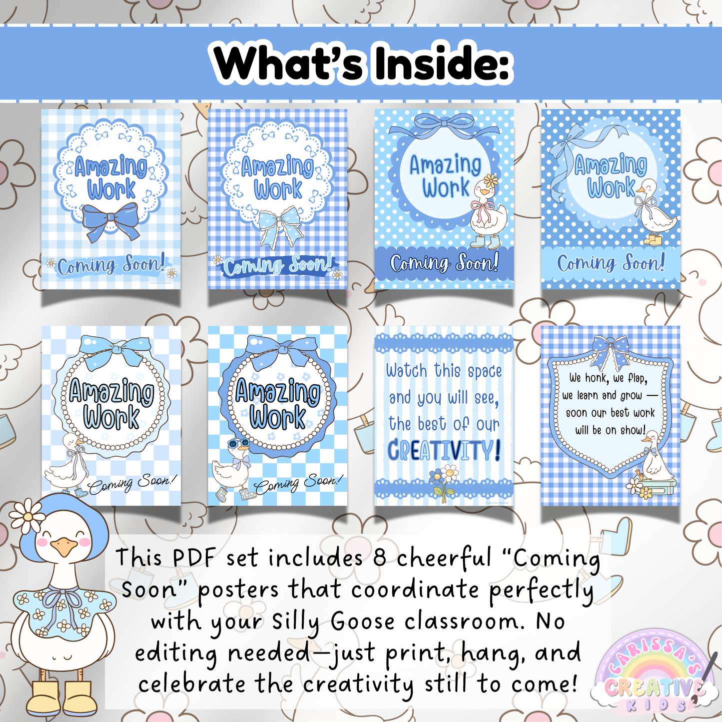 PDF Set of 8 Blue Gingham “Amazing Work Coming Soon” Posters – Silly Goose Theme for Bulletin Boards and Preschool Decor