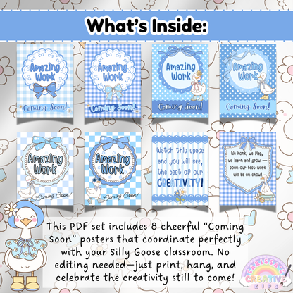 PDF Set of 8 Blue Gingham “Amazing Work Coming Soon” Posters – Silly Goose Theme for Bulletin Boards and Preschool Decor