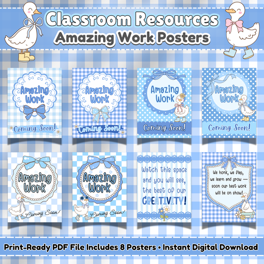 Printable “Amazing Work Coming Soon” Posters in Blue Gingham – Silly Goose Theme Classroom Decor for Preschool, Daycare, and Elementary Bulletin Boards