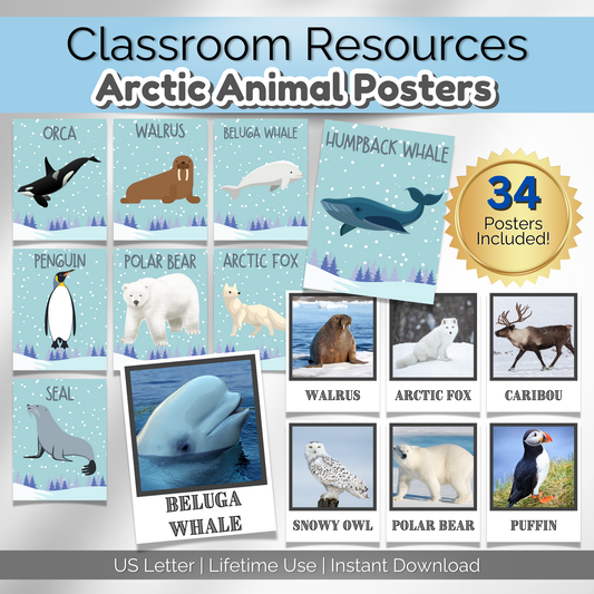 Arctic animal classroom posters featuring realistic photos and illustrations. Perfect for daycare, preschool, and home learning.