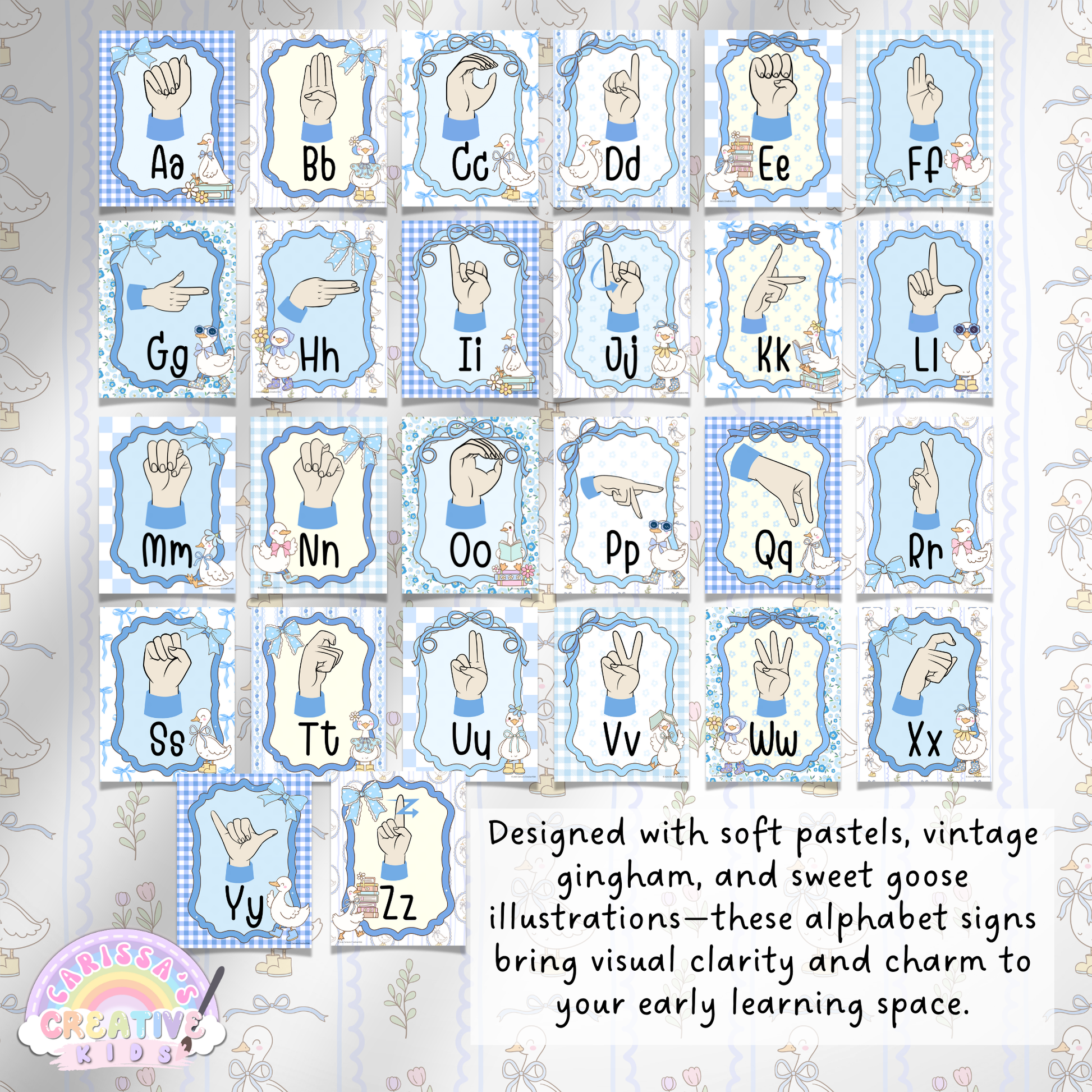 Full set of A–Z American Sign Language alphabet posters in soft pastel colors with whimsical vintage-style goose illustrations, perfect for early learning, daycare, or classroom decor. Includes every letter of the ASL fingerspelling alphabet on separate posters in coordinated colors and layouts. Great for SPL rooms, sign language classrooms, or deaf education environments.