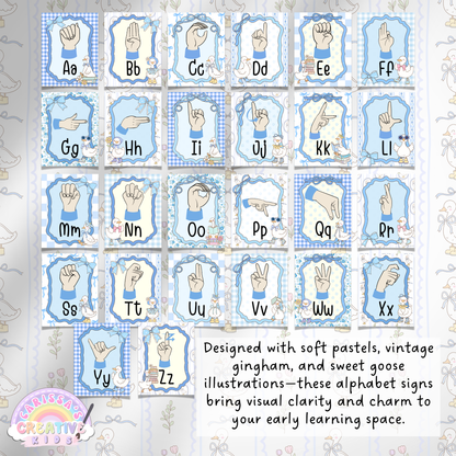 Full set of A–Z American Sign Language alphabet posters in soft pastel colors with whimsical vintage-style goose illustrations, perfect for early learning, daycare, or classroom decor. Includes every letter of the ASL fingerspelling alphabet on separate posters in coordinated colors and layouts. Great for SPL rooms, sign language classrooms, or deaf education environments.
