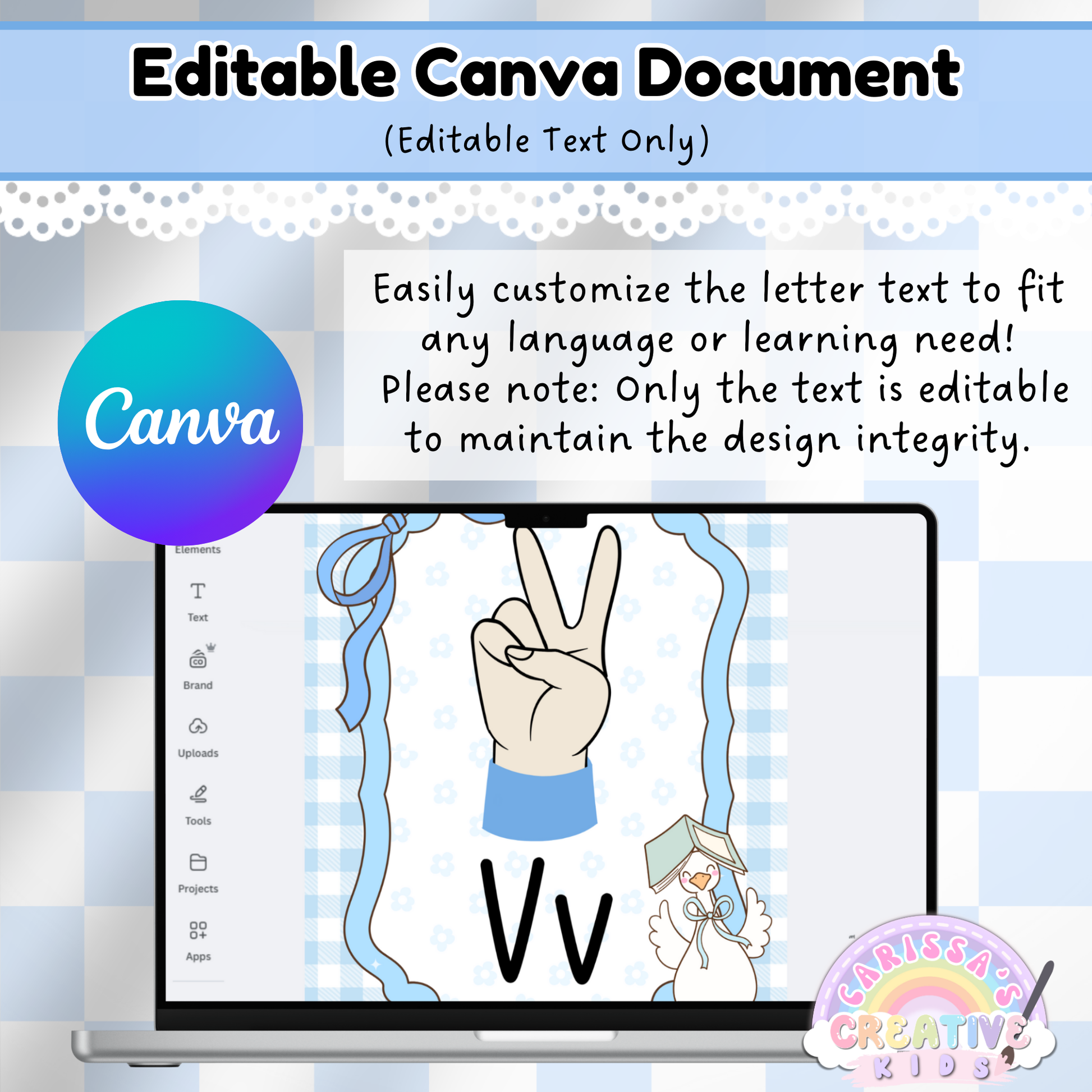 Editable ASL alphabet poster shown inside a Canva editing window with the letter Vv and corresponding sign. Teachers and caregivers can personalize the letter text while all design elements remain locked to maintain visual consistency. Includes playful pastel graphics, scalloped frames, and whimsical geese, perfect for daycare, preschool, SPL rooms, and sign language classrooms. Text-only editing ensures accessibility for various learning settings while keeping the cohesive Silly Goose decor charm.