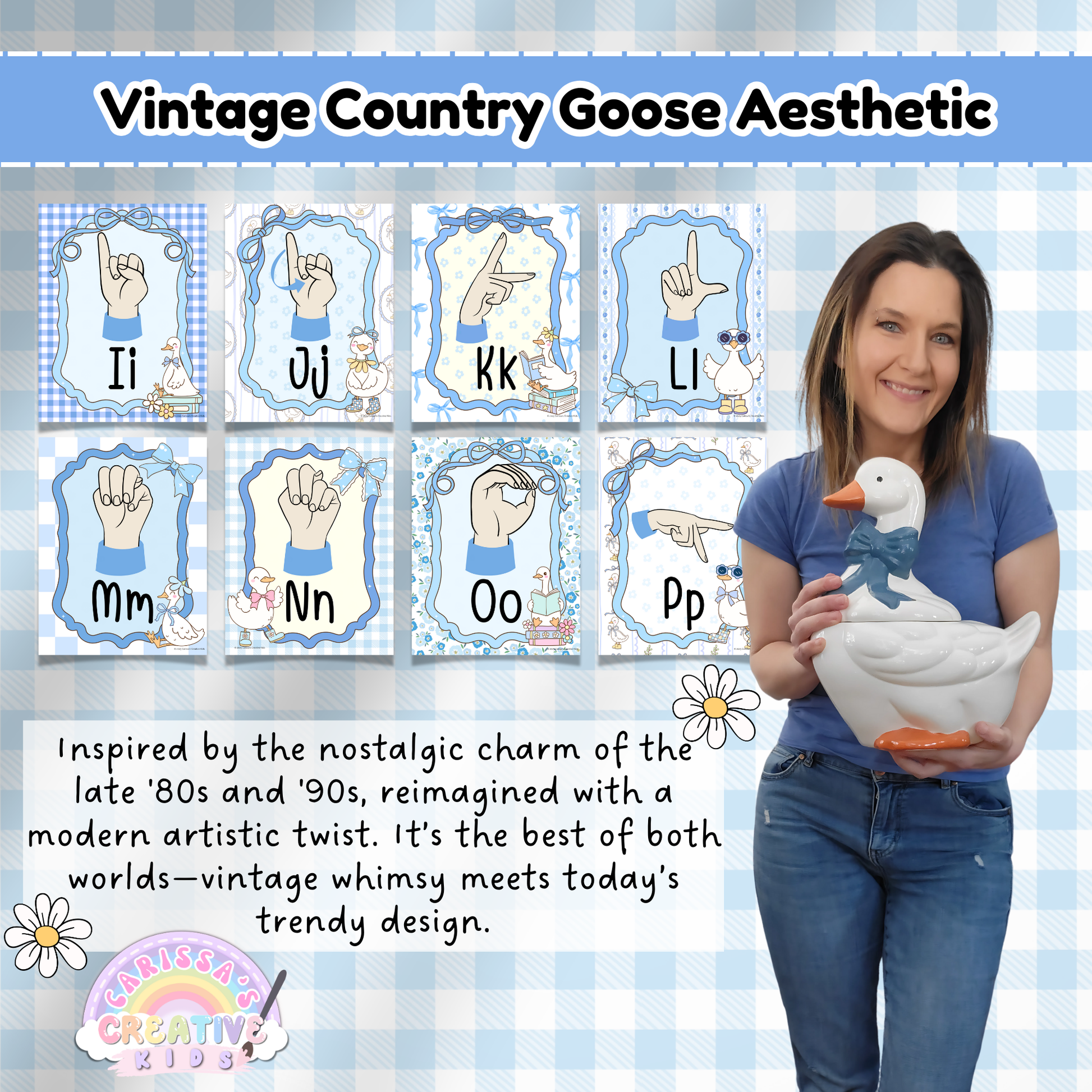 Vintage-style ASL alphabet classroom posters I–P with hand-drawn geese in boots, set on soft pastel gingham backgrounds. Features a teacher holding a decorative ceramic goose to highlight the retro-inspired charm. Ideal for preschool, SPL, and deaf education spaces. Combines educational visuals with a nostalgic aesthetic for cozy, inviting classrooms.