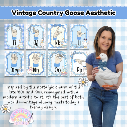 Vintage-style ASL alphabet classroom posters I–P with hand-drawn geese in boots, set on soft pastel gingham backgrounds. Features a teacher holding a decorative ceramic goose to highlight the retro-inspired charm. Ideal for preschool, SPL, and deaf education spaces. Combines educational visuals with a nostalgic aesthetic for cozy, inviting classrooms.