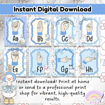 American Sign Language alphabet posters featuring fingerspelling A–H with soft pastel backgrounds and playful geese. Digital download includes high-resolution files for easy at-home printing or use through a professional print shop. Designed for daycare decor, SPL rooms, and early childhood education settings. Editable in Canva with text-only options.