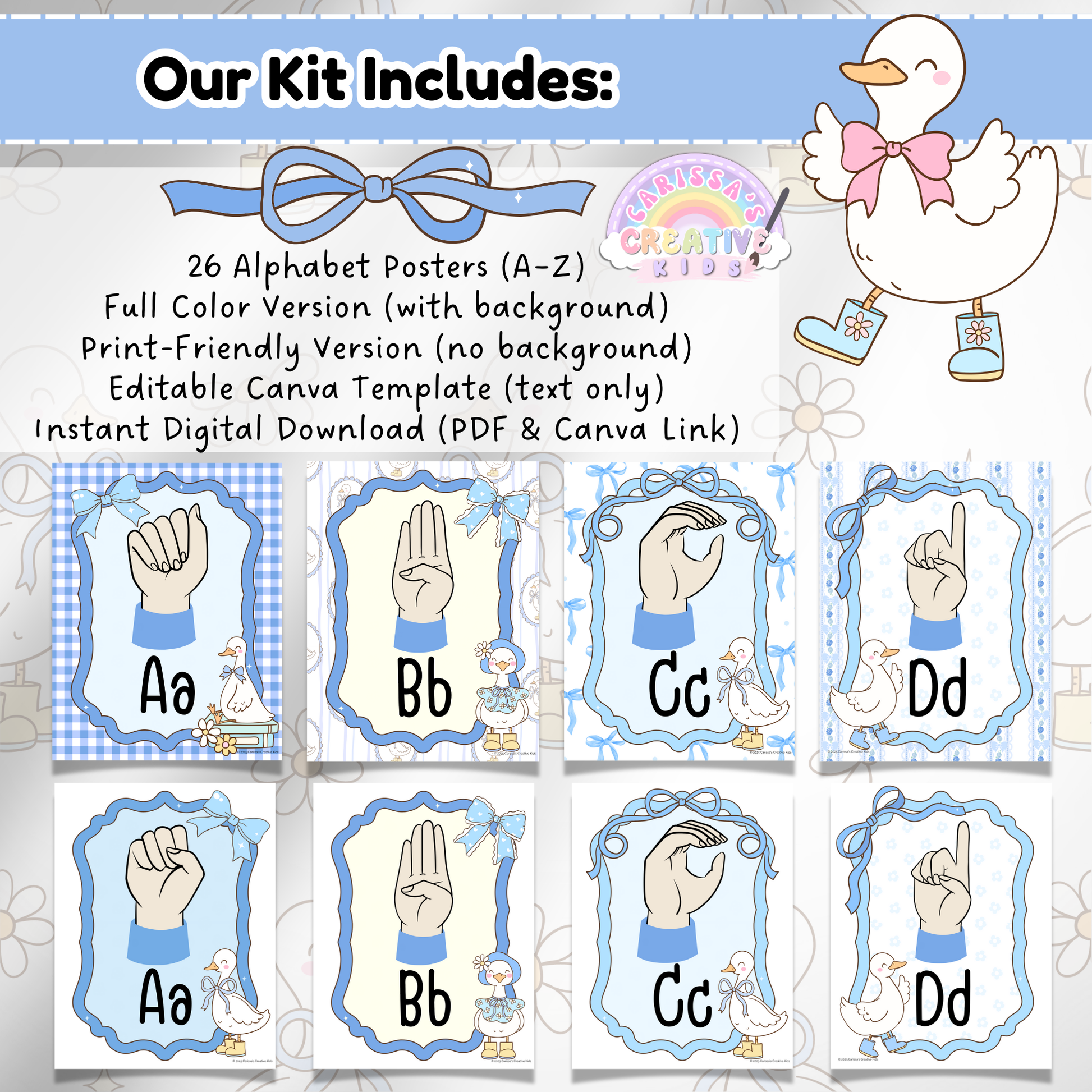 ASL sign language alphabet poster set featuring 26 fingerspelling letter designs from A to Z, shown in both full-color and print-friendly versions. Includes editable Canva template for text-only edits. Displayed on soft pastel backgrounds with vintage-style geese. Ideal for classrooms, daycares, SPL environments, and early childhood sign language education.