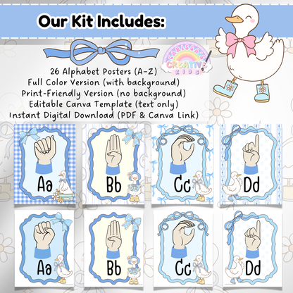 ASL sign language alphabet poster set featuring 26 fingerspelling letter designs from A to Z, shown in both full-color and print-friendly versions. Includes editable Canva template for text-only edits. Displayed on soft pastel backgrounds with vintage-style geese. Ideal for classrooms, daycares, SPL environments, and early childhood sign language education.