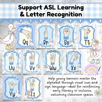ASL alphabet posters Q–Z displayed with charming pastel backgrounds, featuring hand signs for each letter and matching lowercase print. Designed to support early literacy, letter recognition, and sign language fluency for preschool, kindergarten, and daycare. Adorned with vintage-style geese and gingham borders, this printable is ideal for SPL rooms, inclusive classrooms, and cozy home learning spaces.