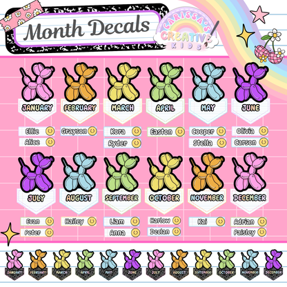 Colorful balloon month headers with editable student name tags for January through December. Use this bright, structured layout to track student birthdays in daycare, preschool, or early elementary classrooms with retro flair.