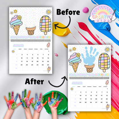 Before and after view of August page from 2026 handprint calendar, showing transformation with colorful handprint art. Perfect preschool craft, baby keepsake, or fun monthly activity in craft kits for kids.