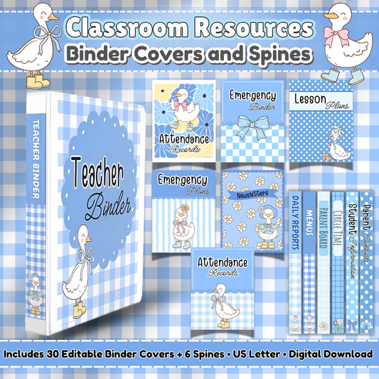 A main preview image showcasing editable binder covers and spines with a whimsical goose and gingham theme. Includes binder designs labeled "Teacher Binder," "Emergency Plans," "Lesson Plans," and matching spines in multiple sizes. Perfect for teachers, daycare providers, and classroom organization.