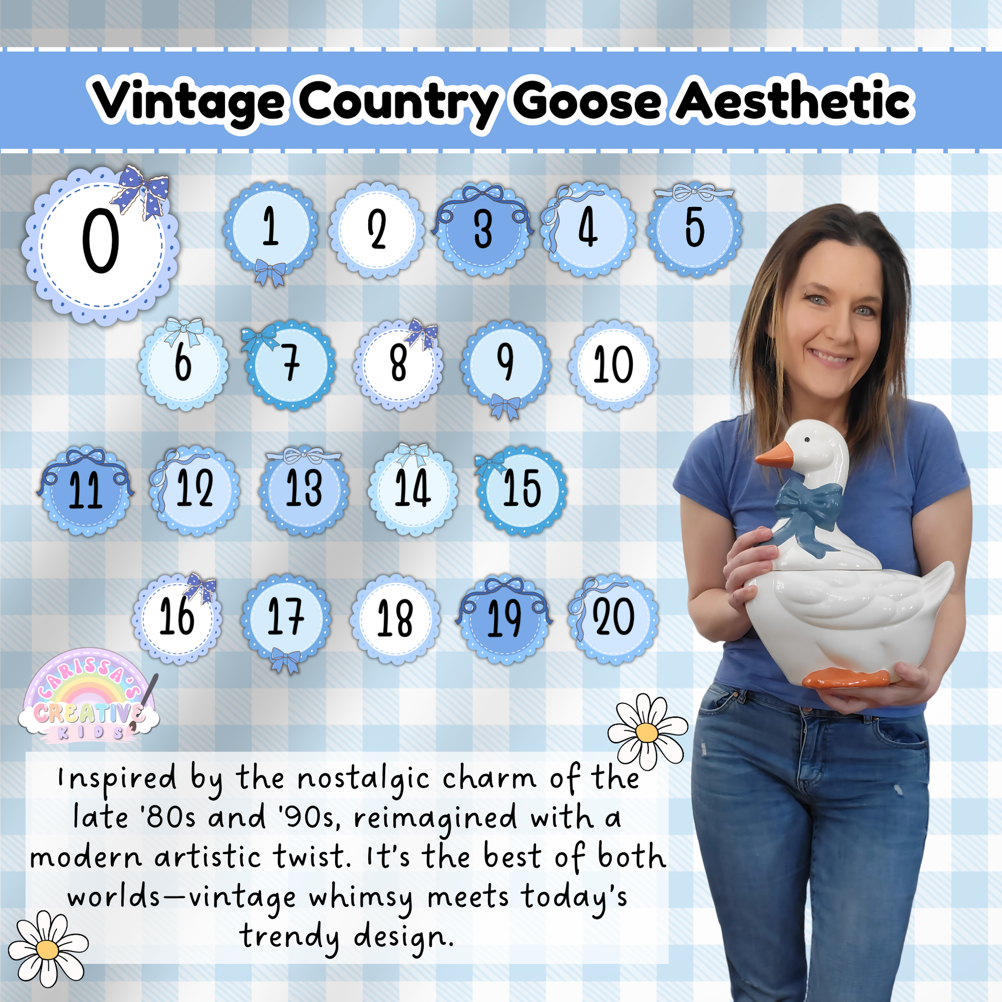 Silly Goose Number Posters in circular vintage style displayed 0–20 on a gingham background, alongside the creator holding a ceramic goose, highlighting the nostalgic ‘90s country goose theme.