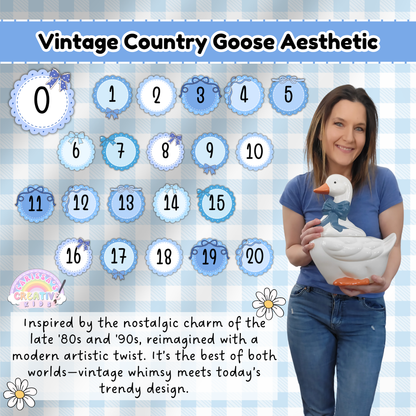 Silly Goose Number Posters in circular vintage style displayed 0–20 on a gingham background, alongside the creator holding a ceramic goose, highlighting the nostalgic ‘90s country goose theme.