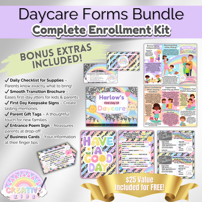 Bonus extras for daycare enrollment, including a first-day checklist, welcome signs, and transition guides.
