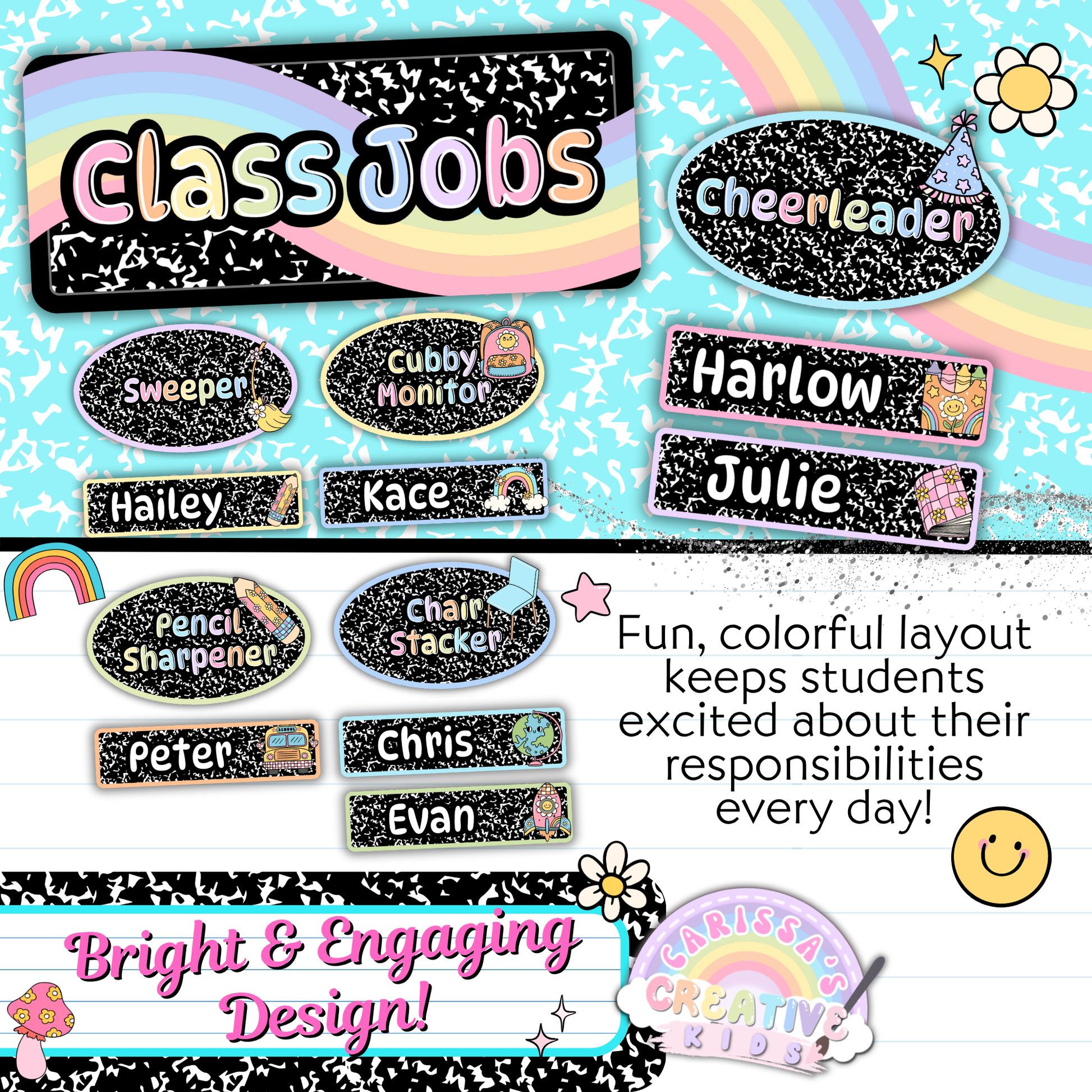 Classroom job chart shown in use with editable name tags and job roles like Sweeper and Pencil Sharpener. Fun, colorful layout with pastel retro theme keeps students engaged. Perfect for kindergarten, preschool, or elementary classroom decor.
