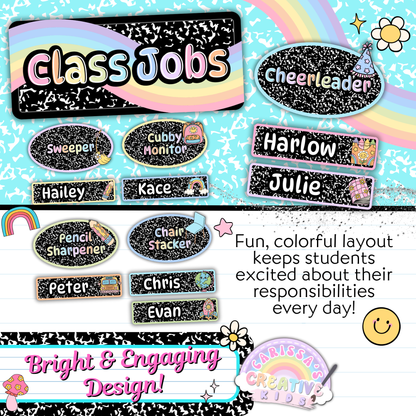 Classroom job chart shown in use with editable name tags and job roles like Sweeper and Pencil Sharpener. Fun, colorful layout with pastel retro theme keeps students engaged. Perfect for kindergarten, preschool, or elementary classroom decor.