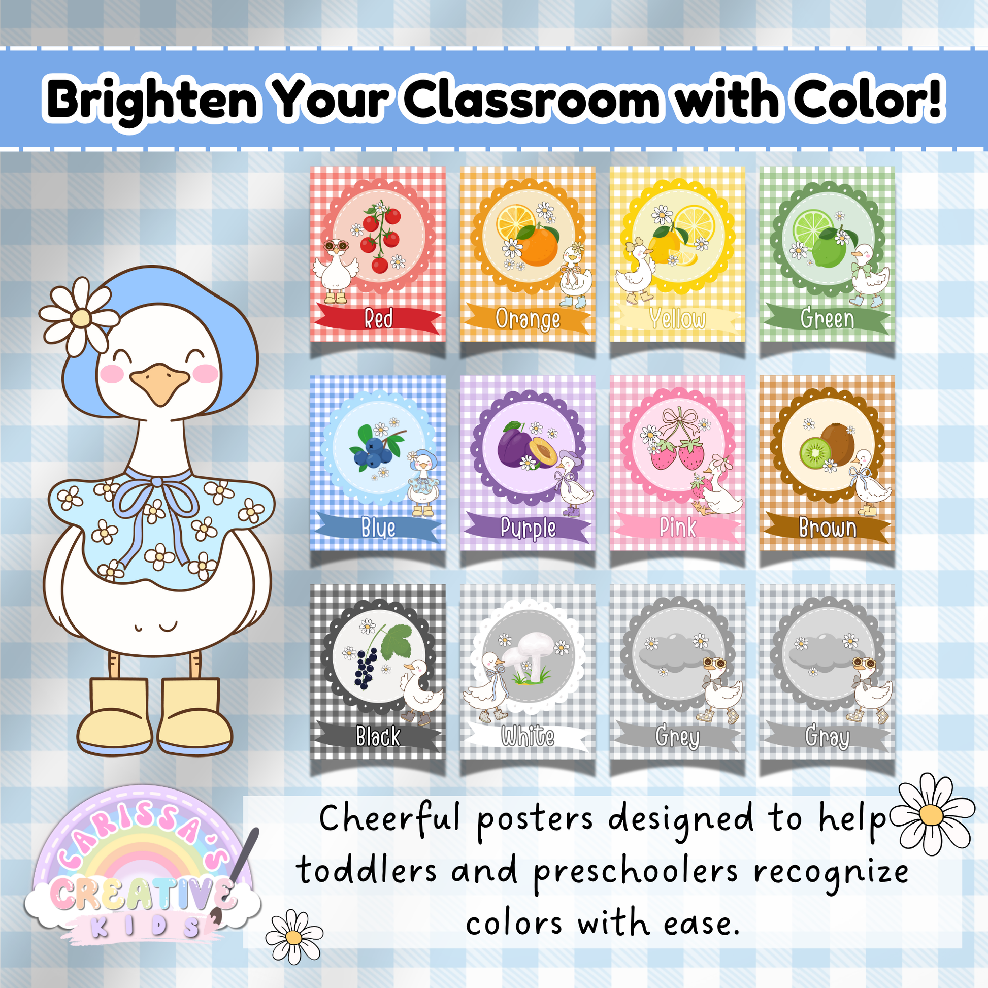 Silly Goose Color Posters displayed in a grid layout with playful gingham backgrounds and coordinating fruits or objects. Includes 12 color posters: red, orange, yellow, green, blue, purple, pink, brown, black, white, grey, and gray. Designed to help toddlers and preschoolers recognize colors in a cheerful, classroom-friendly way.