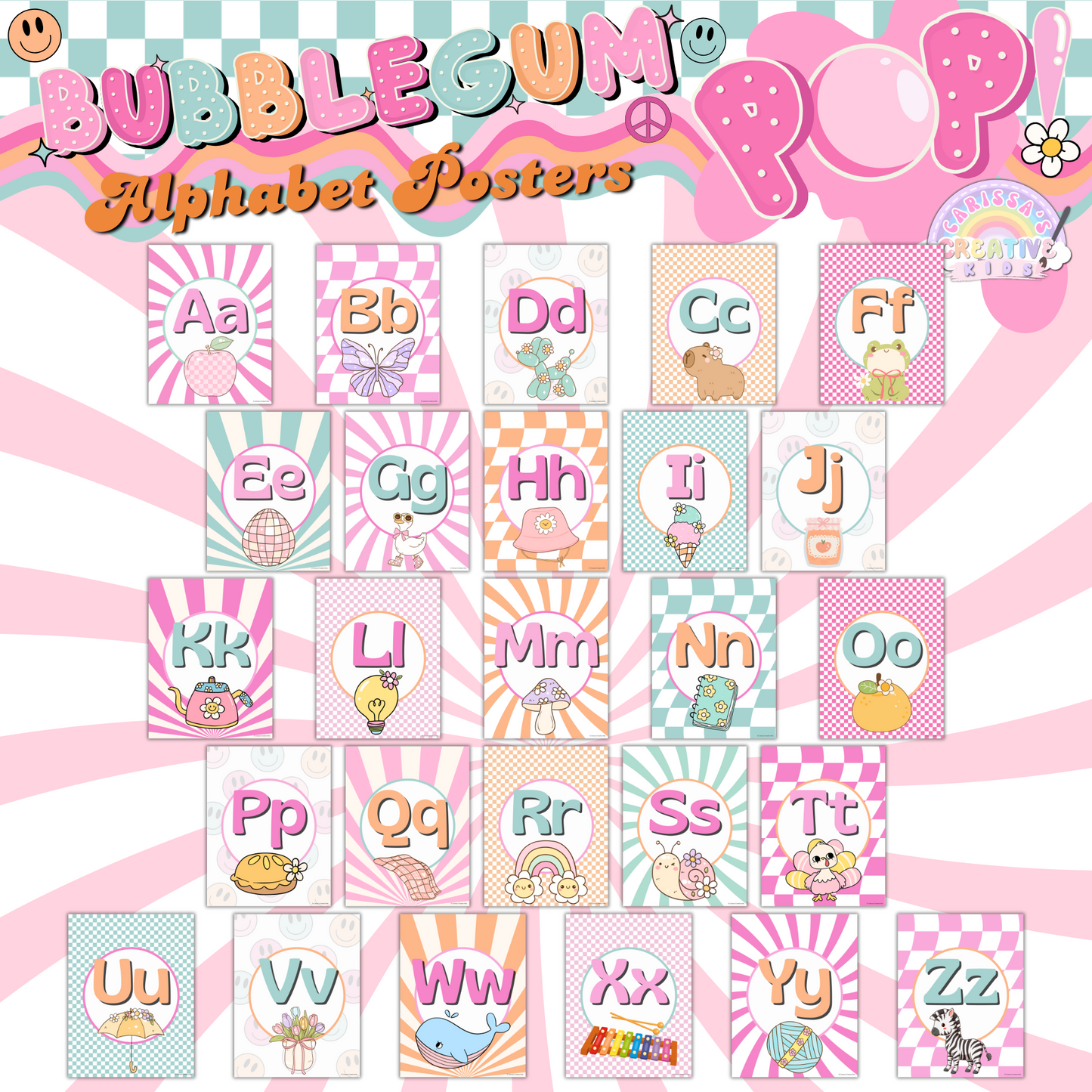 Full preview of all 26 letter posters laid out, highlighting the mix of pink, orange, yellow, and beige tones.