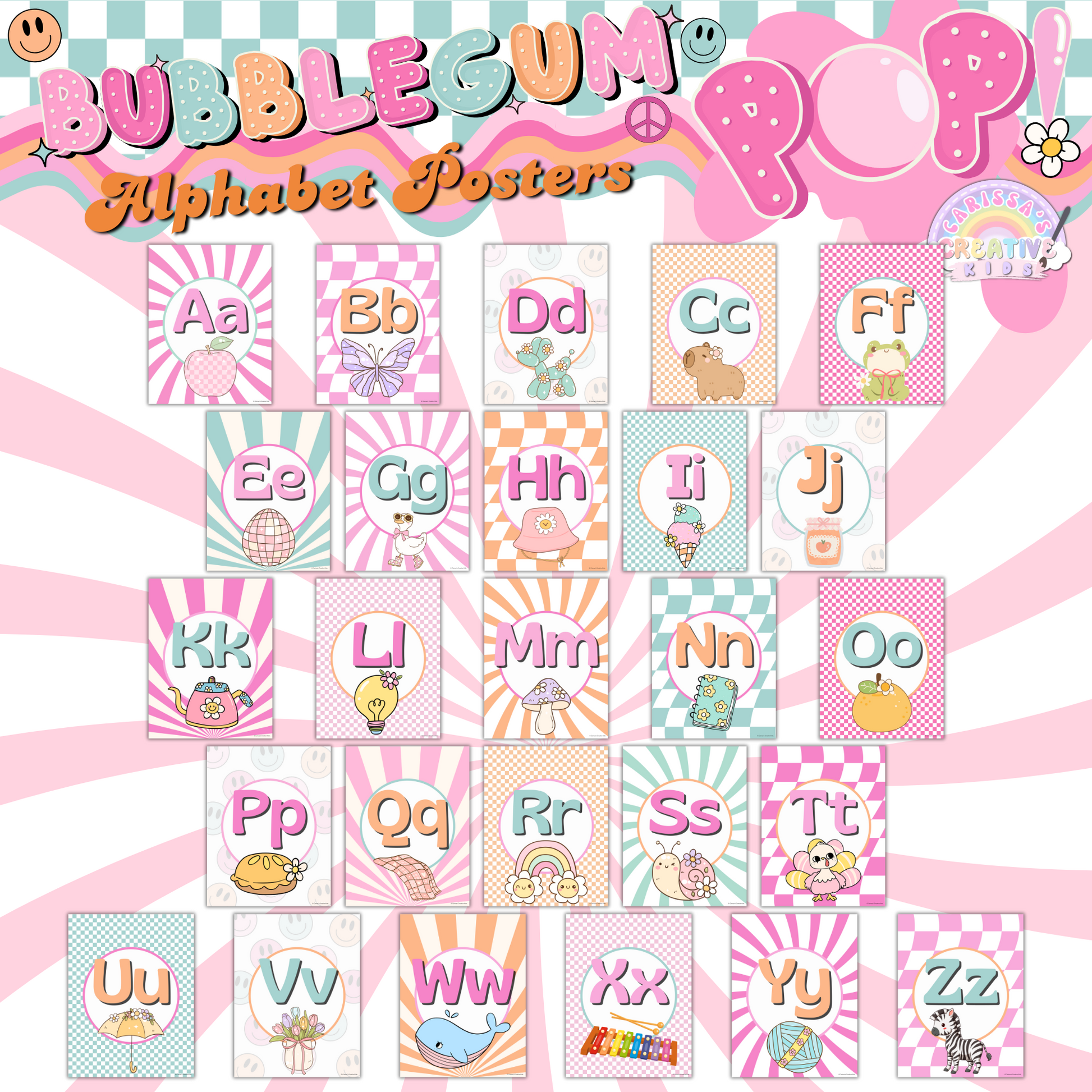 Full preview of all 26 letter posters laid out, highlighting the mix of pink, orange, yellow, and beige tones.