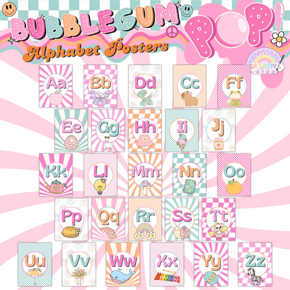 Full preview of all 26 letter posters laid out, highlighting the mix of pink, orange, yellow, and beige tones.