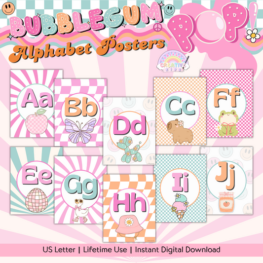 Set of 26 vibrant alphabet posters in a groovy retro theme, designed for classrooms, playrooms, and homeschool spaces.