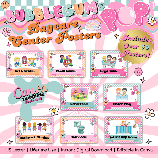 A vibrant collection of Bubblegum Pop! center posters for daycare, preschool, and homeschool. Features colorful, retro-style designs for organized learning spaces.