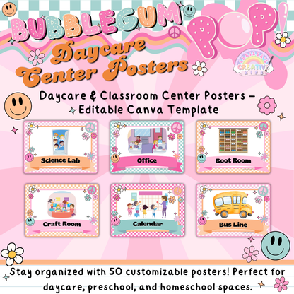 A preview of 6 center posters in the Bubblegum Pop! theme, ideal for labeling classroom centers and play areas.