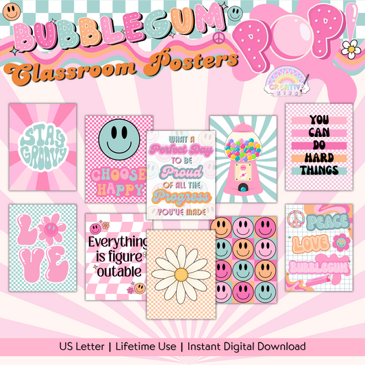 A preview of the Bubblegum Pop! classroom poster set featuring 10 vibrant, retro-inspired designs perfect for classroom decor, playroom decor, and homeschool spaces.
