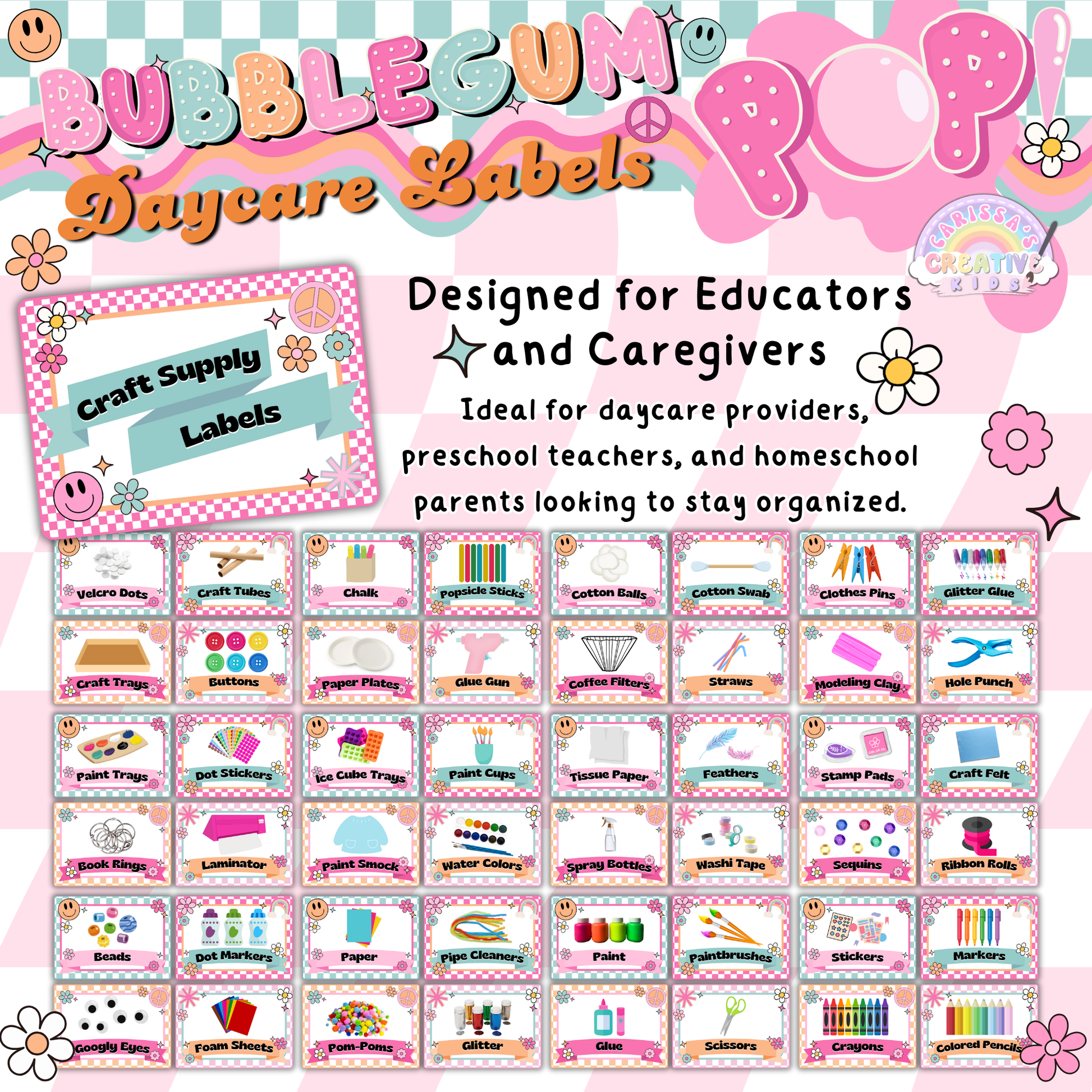 Detailed preview of school labels featuring a bold, colorful, and vintage-inspired design perfect for classroom decor and preschool organization.