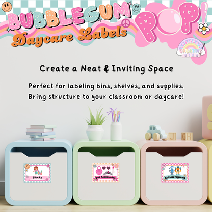 Set of large storage bin labels, ideal for sorting school supplies, books, and art materials in a daycare or homeschool space.