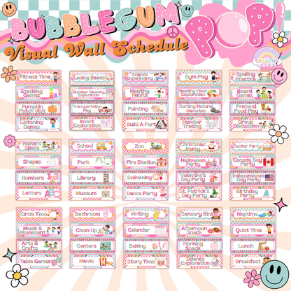 Close-up of daily routine cards from the preschool schedule, showing large, clear text and playful illustrations designed for early learning tools.