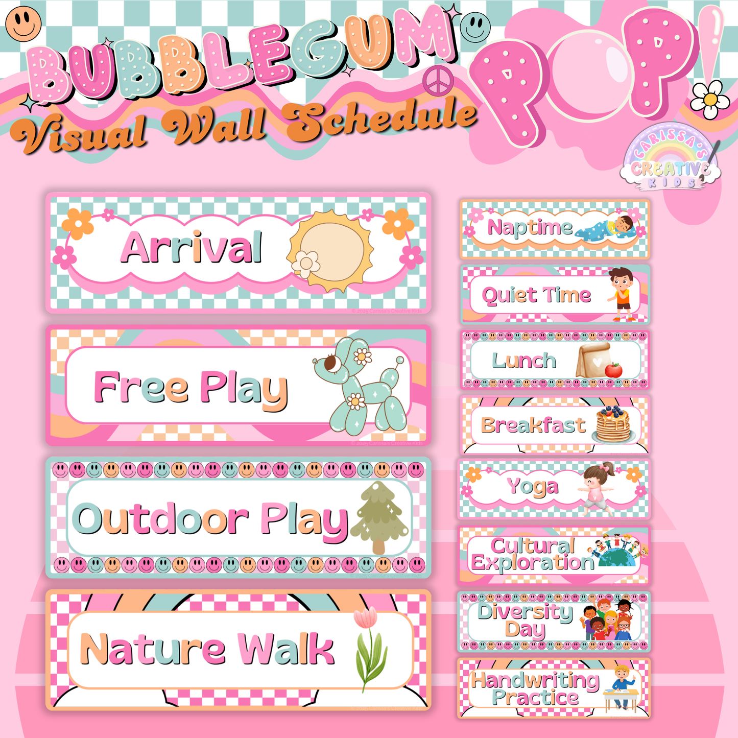 Flat lay image showcasing all included visual schedule cards, perfect for daycare organization and creating a structured learning environment.