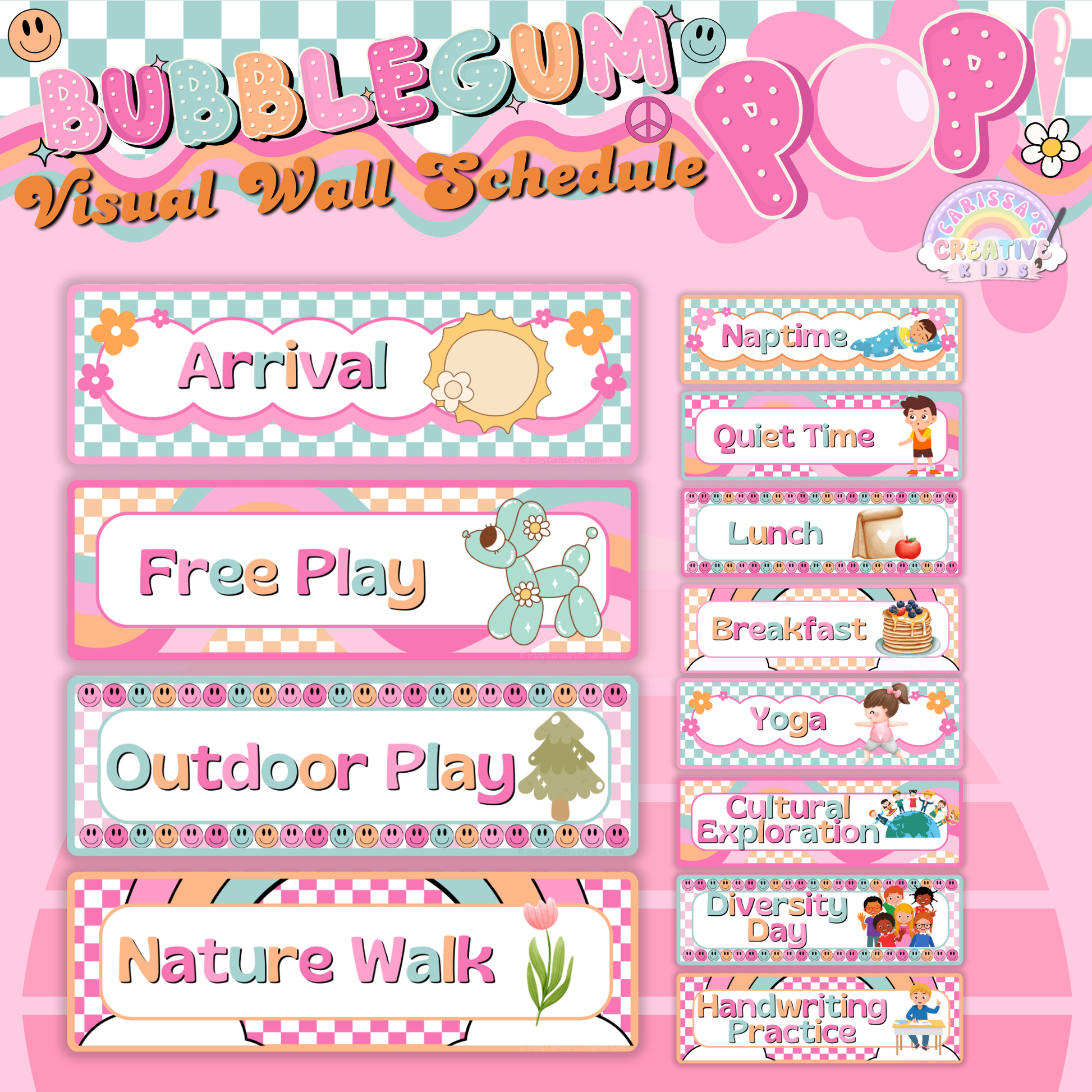 Flat lay image showcasing all included visual schedule cards, perfect for daycare organization and creating a structured learning environment.