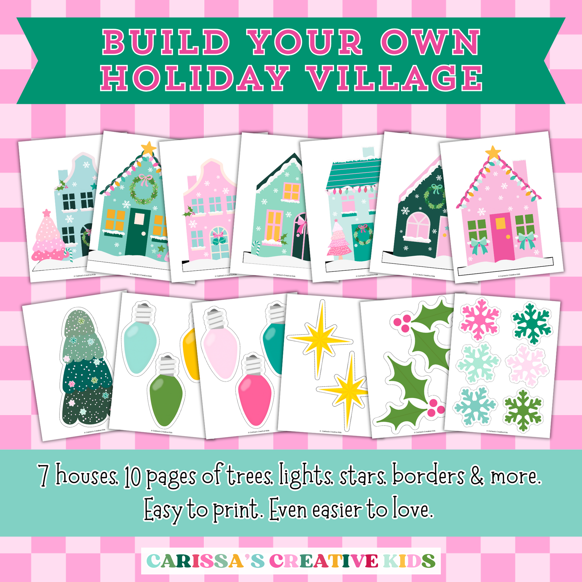 Printable Christmas bulletin board kit featuring pastel houses, lights, trees, snowflakes, stars, and borders — perfect for creating a custom holiday village classroom display.