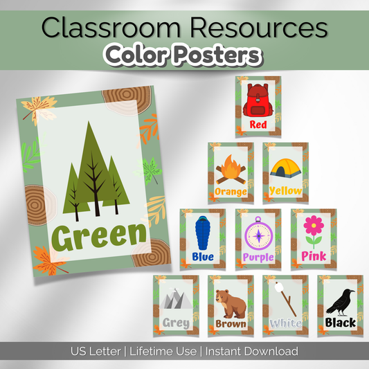 Camping classroom decor with fun color posters featuring woodland animals and camping supplies.
