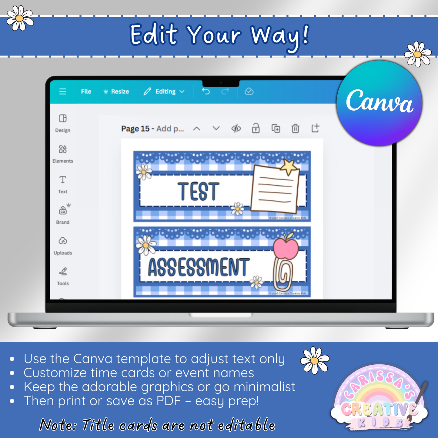 Editable classroom schedule cards shown in Canva, featuring a laptop screen with Silly Goose theme cards labeled “Test” and “Assessment” for customizing elementary classroom routines.