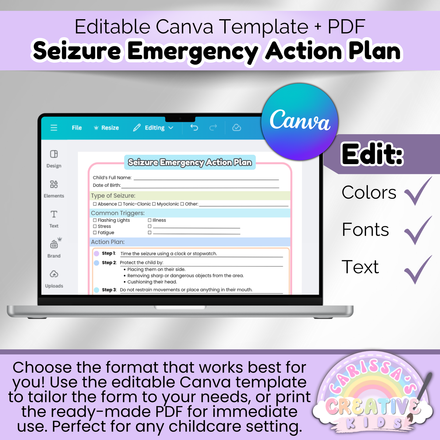 Editable seizure emergency plan template in Canva and PDF formats. Customize for daycare, preschool, or home care—adjust colors, fonts, and text.