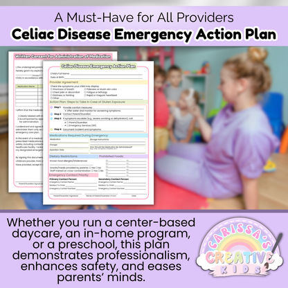 Must-have Celiac Disease care plan for all providers—ideal for daycare, in-home childcare, or preschool programs managing gluten intolerance.