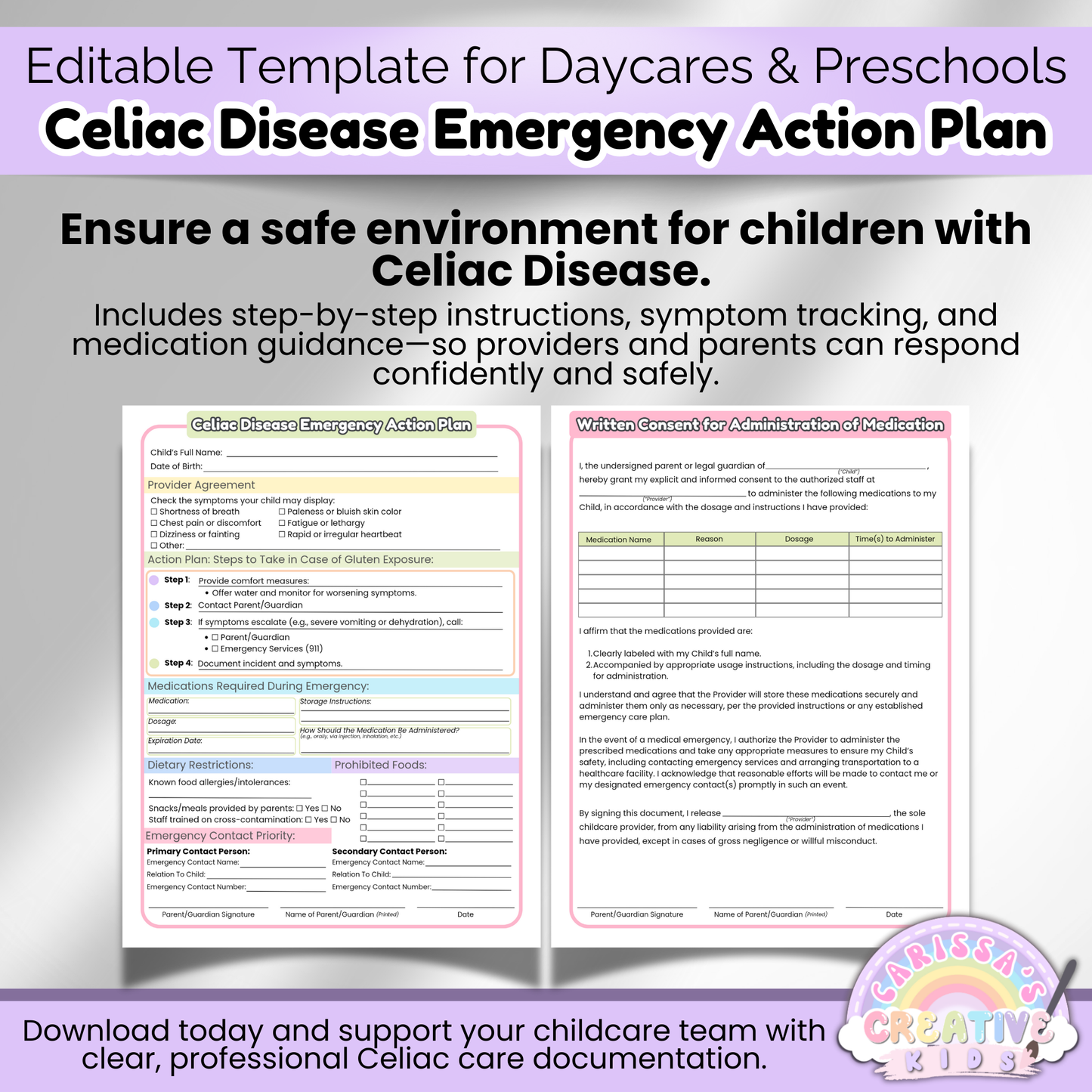 Ensure a safe environment for gluten-intolerant children with this Celiac Disease Emergency Action Plan for daycare, preschool, or in-home childcare.
