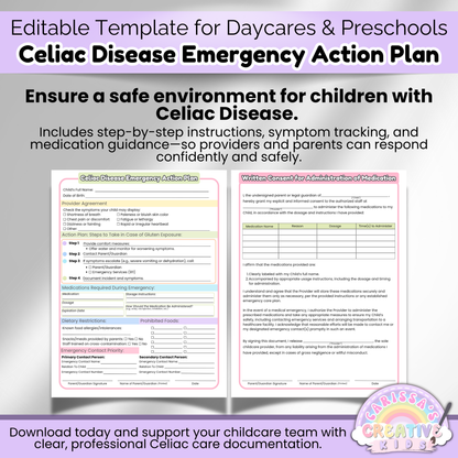Ensure a safe environment for gluten-intolerant children with this Celiac Disease Emergency Action Plan for daycare, preschool, or in-home childcare.