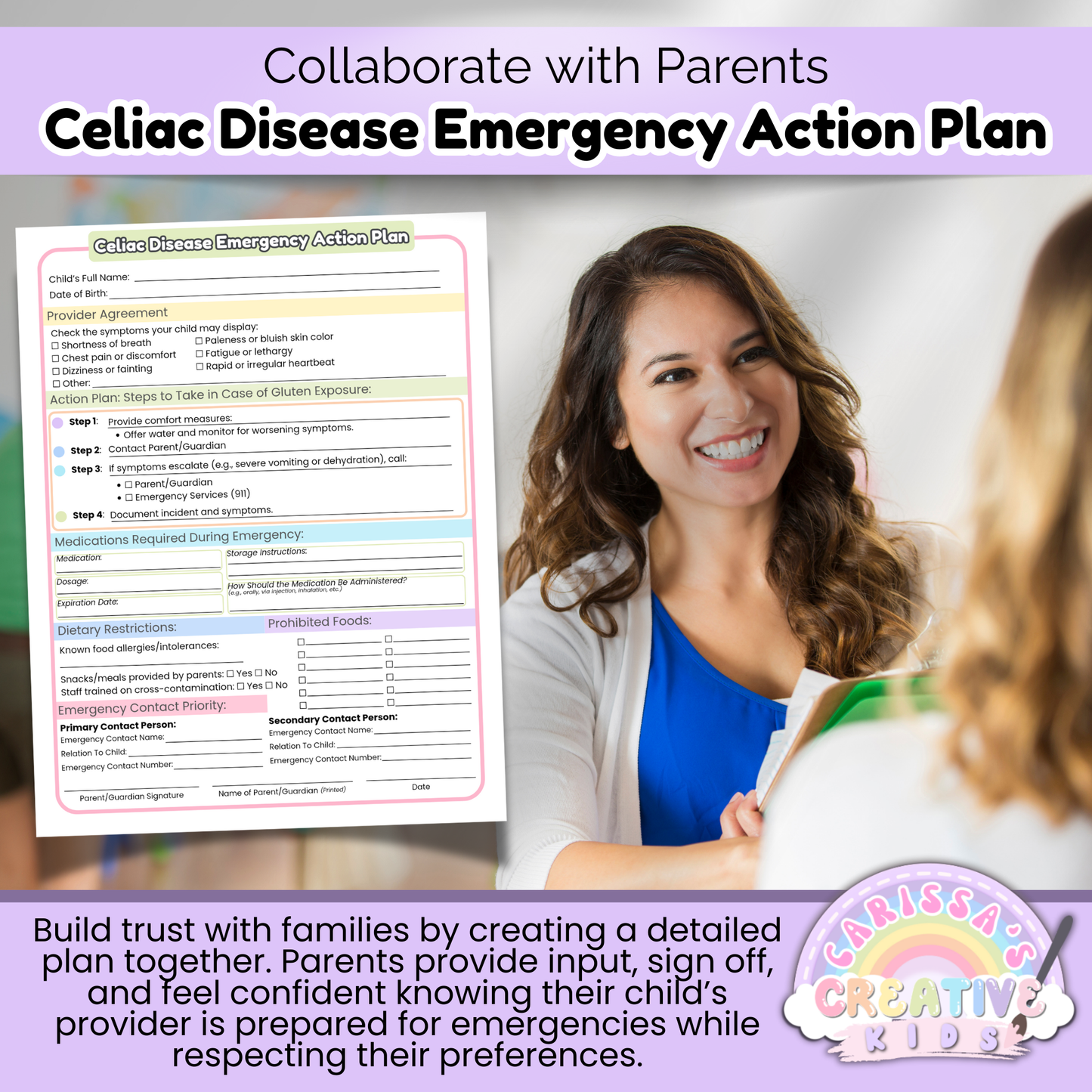 Collaborate with parents to manage Celiac Disease in preschool settings using this customizable emergency care plan and consent form.