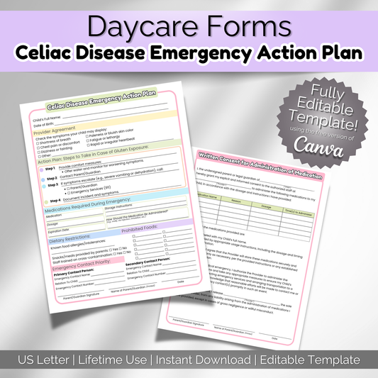 Editable Celiac Disease Emergency Action Plan for daycares and preschools with medication log and written consent form – perfect for emergency binders.