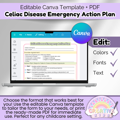 Edit your Celiac Disease Emergency Action Plan in Canva or print instantly with this PDF template designed for daycare and preschool use.