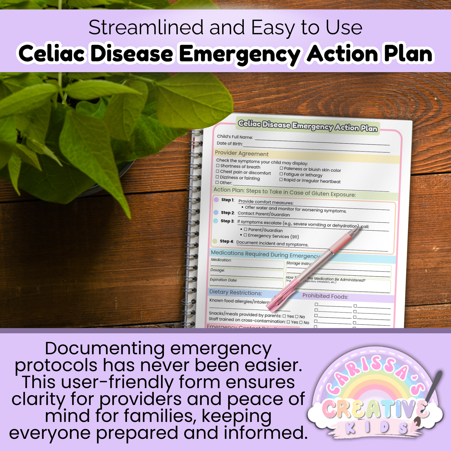Streamlined and easy-to-use Celiac Disease Emergency Action Plan for childcare providers, ensuring clear communication and emergency preparedness.