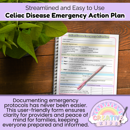 Streamlined and easy-to-use Celiac Disease Emergency Action Plan for childcare providers, ensuring clear communication and emergency preparedness.