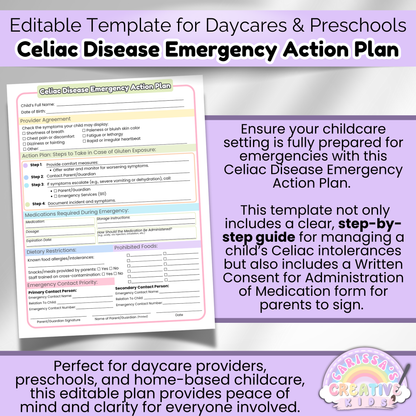 Daycare Celiac Disease Emergency Action Plan template with step-by-step care instructions, editable in Canva or print-ready PDF for providers.